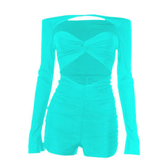 Long sleeve hollow out ruched off shoulder romper