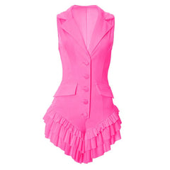 Turnover collar ruffle button solid romper