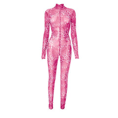 Leopard print long sleeve high neck mesh jumpsuit