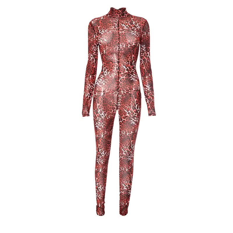Leopard print long sleeve high neck mesh jumpsuit