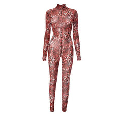 Leopard print long sleeve high neck mesh jumpsuit