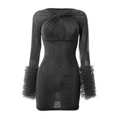 Long sleeve ruffle hollow out mesh cut out mini dress