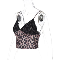 Leopard print v neck lace hem cami top