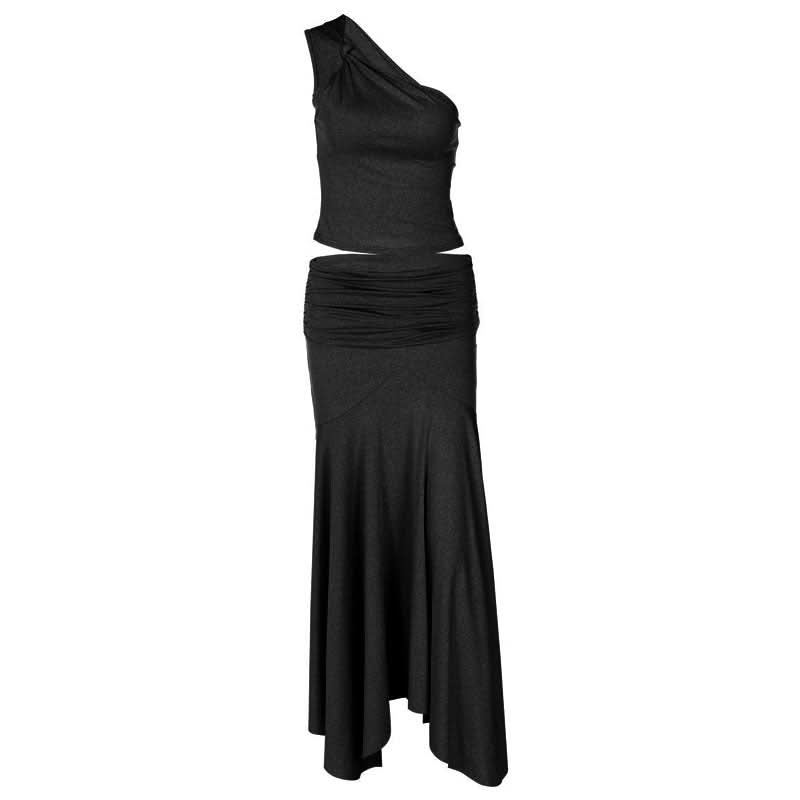Irregular one shoulder ruched maxi skirt set