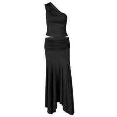 Irregular one shoulder ruched maxi skirt set