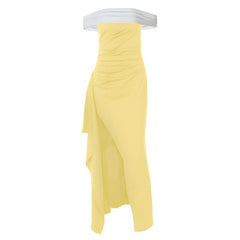 Off shoulder irregular slit pleated maxi dress