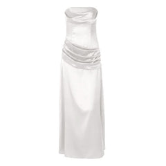 Satin pleated zip-up solid tube maxi dress