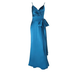 Bowknot self tie v neck satin cami maxi dress