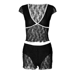Bowknot v neck lace cap sleeve low rise pant set