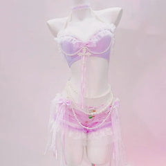 Halter bowknot cross applique beaded lace hem top