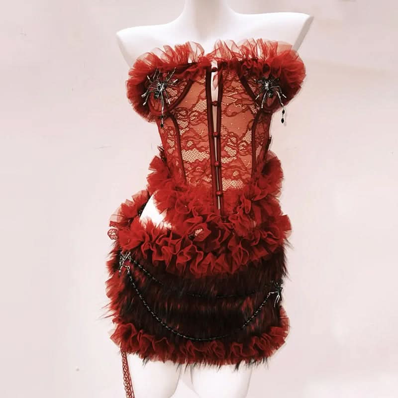 Fluffy ruffle button lace mini skirt set