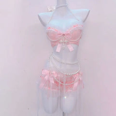 Halter bowknot beaded lace hem top