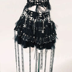 Hollow out lace up lace hem skull applique cut out top