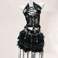 Hollow out lace up lace hem skull applique cut out top