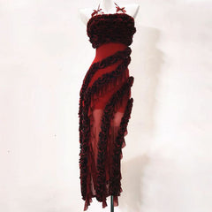 Halter self tie ruffle bowknot irregular maxi dress