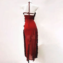 Halter self tie ruffle bowknot irregular maxi dress