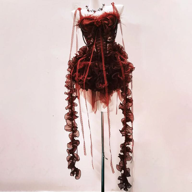 Ruffle bowknot flower applique beaded mini dress