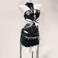 Metal chain hollow out o ring pleated mini skirt set