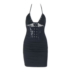 Halter self tie ruched lace v neck mini dress