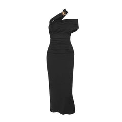 Ruched one shoulder irregular slit midi dress