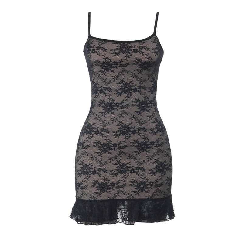 Lace square neck backless cami mini dress