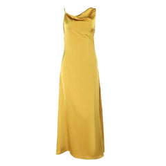 Cowl neck satin zip-up irregular maxi dress