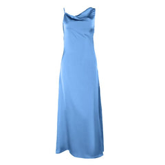Cowl neck satin zip-up irregular maxi dress