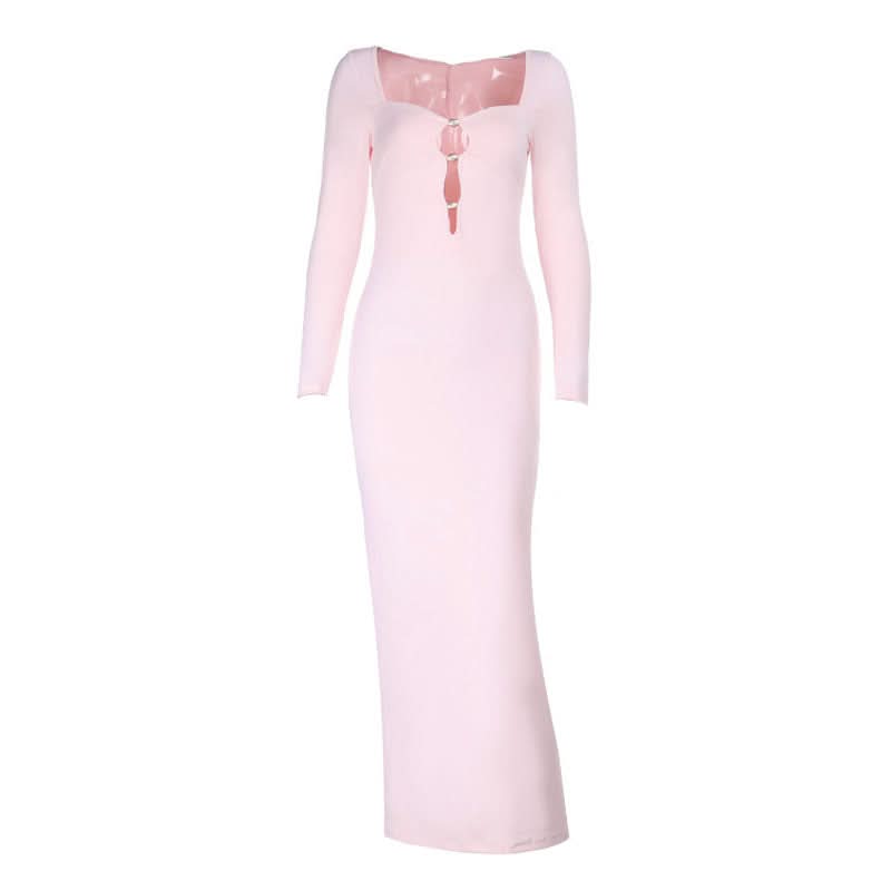 Long sleeve hollow out slit v neck cut out maxi dress
