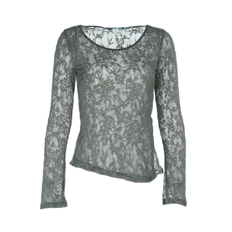 Long sleeve round neck slit lace irregular top