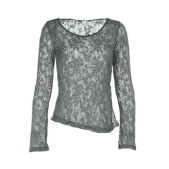 Long sleeve round neck slit lace irregular top