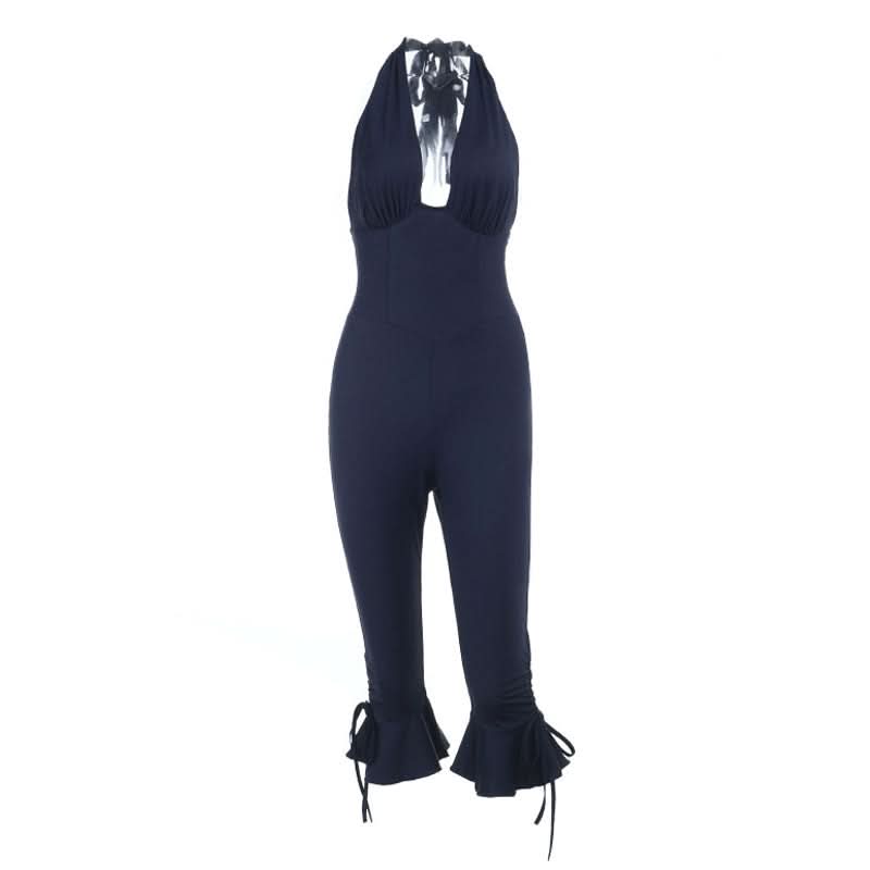 Halter self tie ruffle v neck ruched jumpsuit