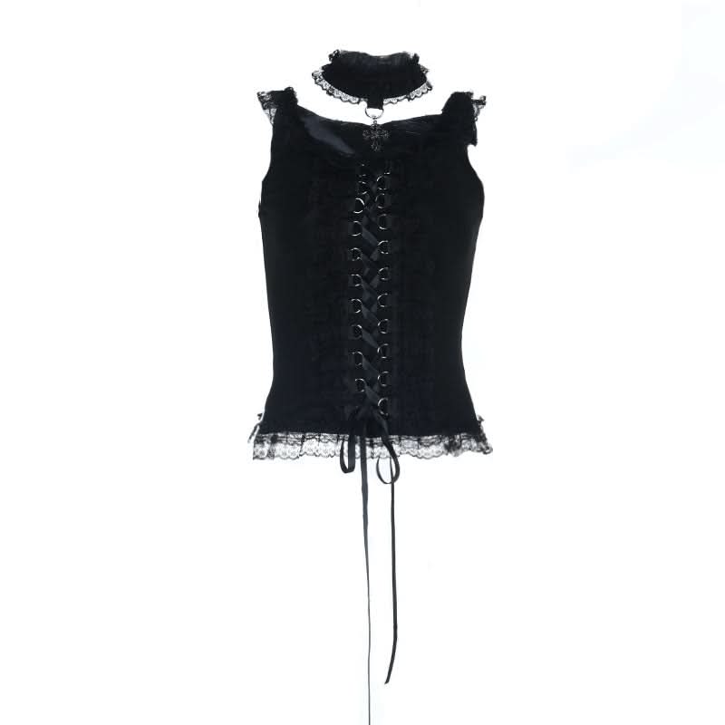 Lace hem lace up slit round neck top