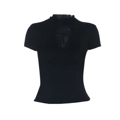 Short sleeve high neck ruffle solid top