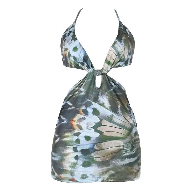 Print hollow out halter v neck self tie cut out mini dress
