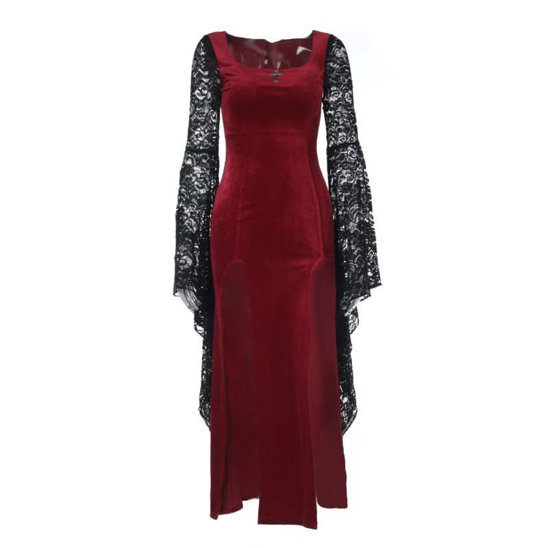Long flared sleeve lace square neck slit midi dress