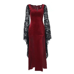 Long flared sleeve lace square neck slit midi dress