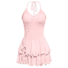 Ruffle halter self tie v neck button mini dress