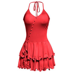 Ruffle halter self tie v neck button mini dress
