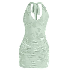 V neck halter self tie print ruched mini dress