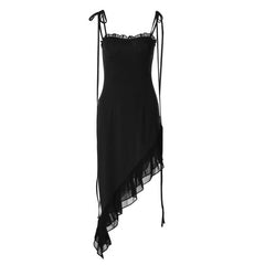 Irregular ruffle self tie solid cami midi dress