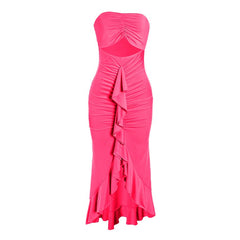 Hollow out ruched ruffle tube cut out maxi dress