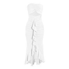 Hollow out ruched ruffle tube cut out maxi dress