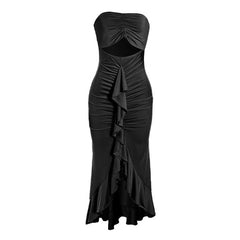 Hollow out ruched ruffle tube cut out maxi dress