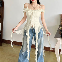 Off shoulder ruffle solid ruched cami top