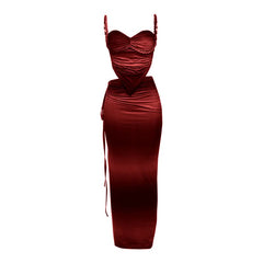 Ruched v neck hollow out gradient maxi skirt set