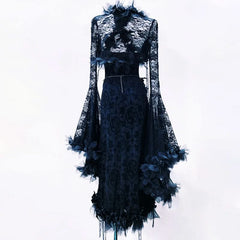 Lace long flared sleeve flower applique maxi dress