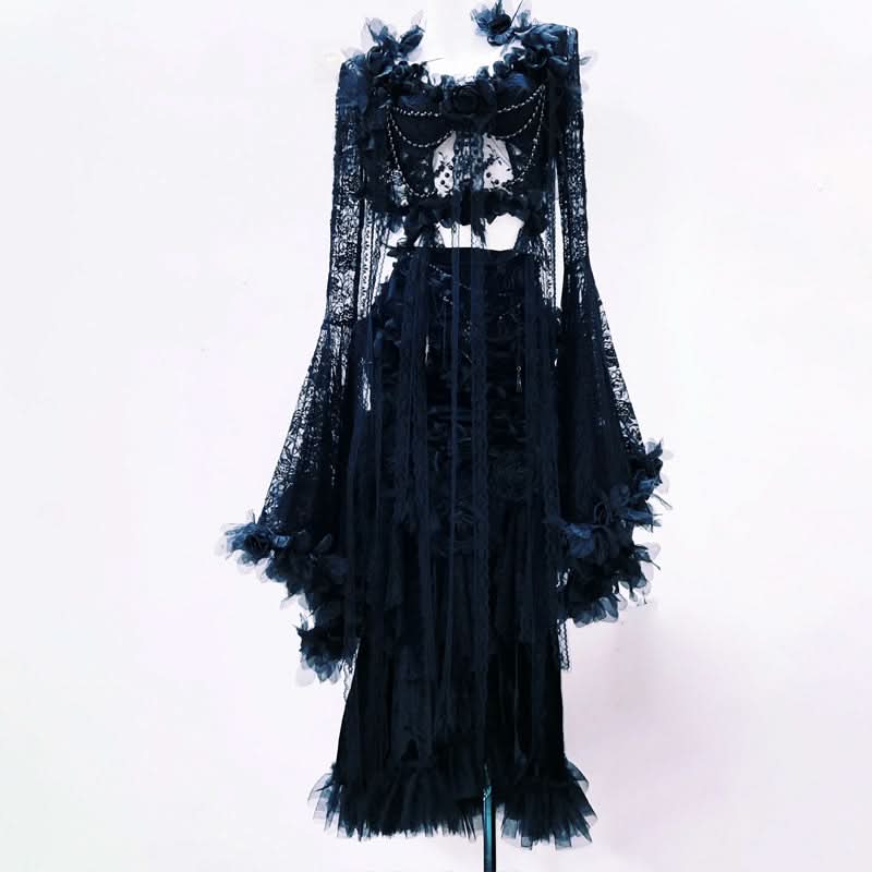 Hollow out long sleeve flower applique lace cut out maxi dress