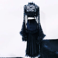 Hollow out long sleeve flower applique lace cut out maxi dress