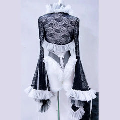 Long flared sleeve ruffle lace bowknot bodysuit