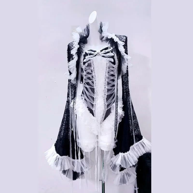 Long flared sleeve ruffle lace bowknot bodysuit